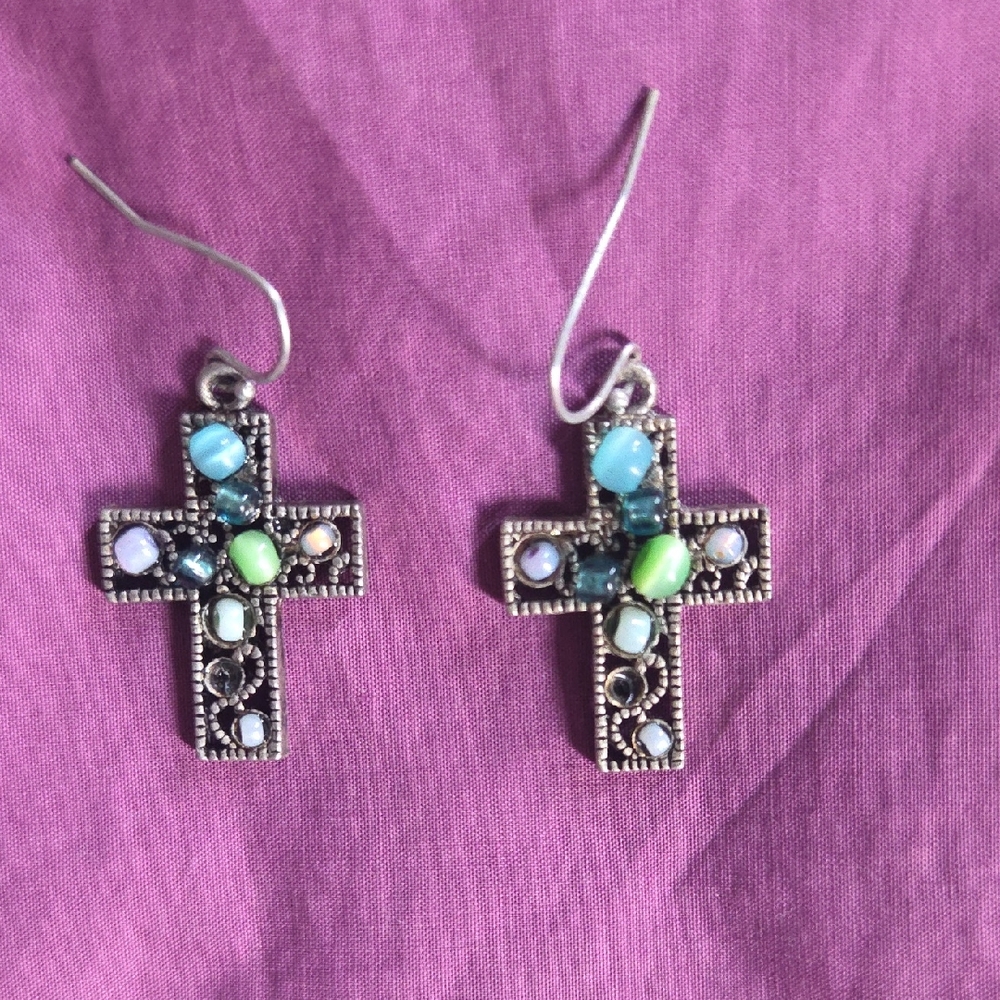 Silver 1" Wire Drop Cross Earrings with Blue, Lavender, & Green Accent Stones